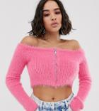 The Ragged Priest Off Shoulder Crop Top In Fluffy Knit - Pink