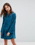 Glamorous Long Sleeve Swing Dress In Crushed Velvet-blue