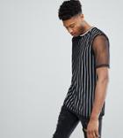 Asos Tall Relaxed Vertical Stripe T-shirt With Mesh Double Layer - Black
