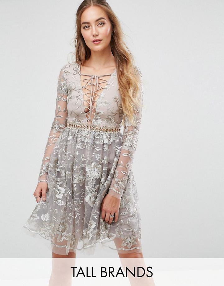 True Decadence Tall All Over Embroidered Mini Skater Dress With Lace Up Plunge Front - Gold