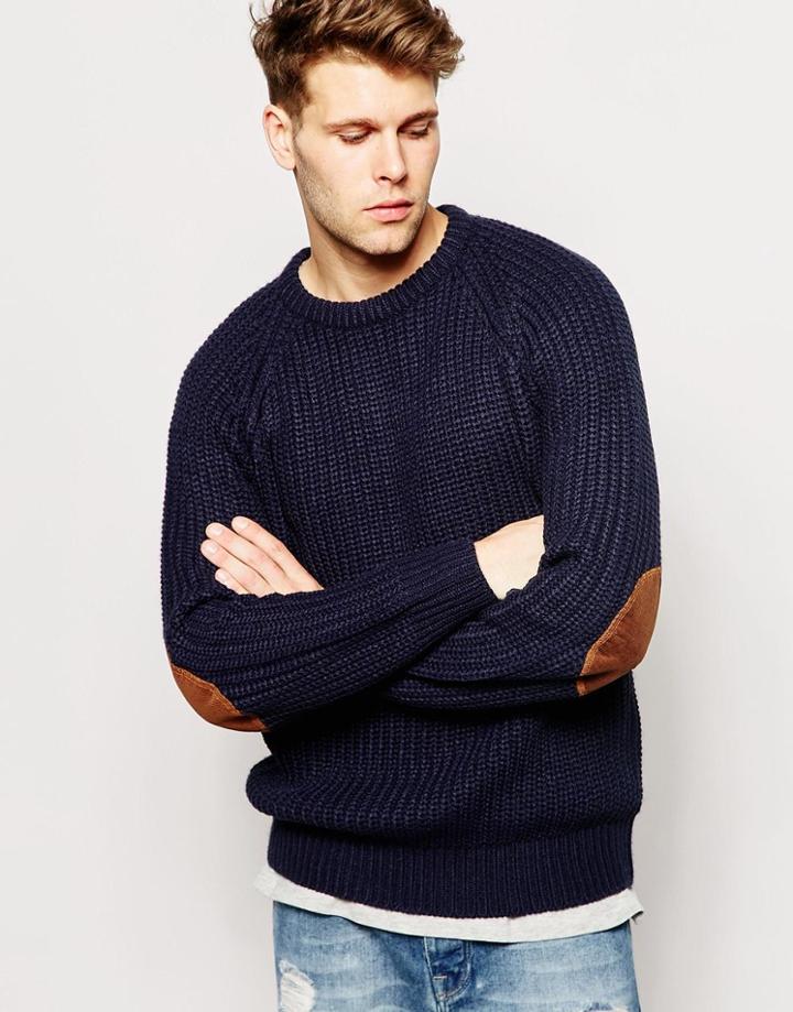 Brave Soul Chunky Knit Elbow Patch Sweater - Navy