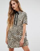 Motel Halloween Metis Tie Neck Shirt Dress In Leopard Print - Beige