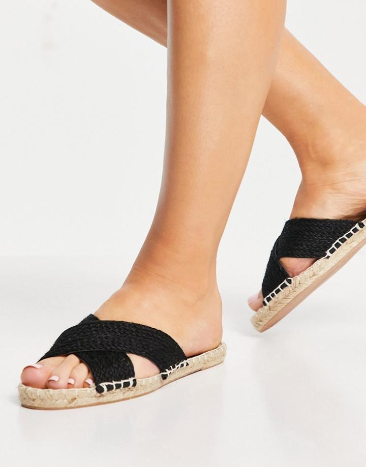 London Rebel Espadrille Cross Strap Sliders In Black
