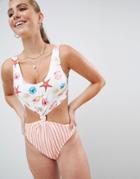 Prettylittlething Seashell And Stripe Knot Detail Swimsuit - Multi