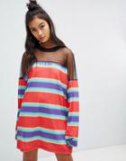 The Ragged Priest Tee Dress In Stripe With Mesh Panel - Red