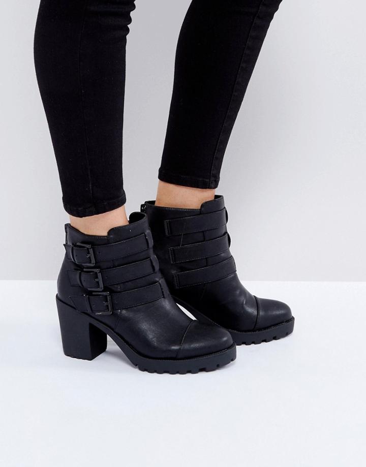 London Rebel Multi Buckle Chunky Heeled Boot - Black