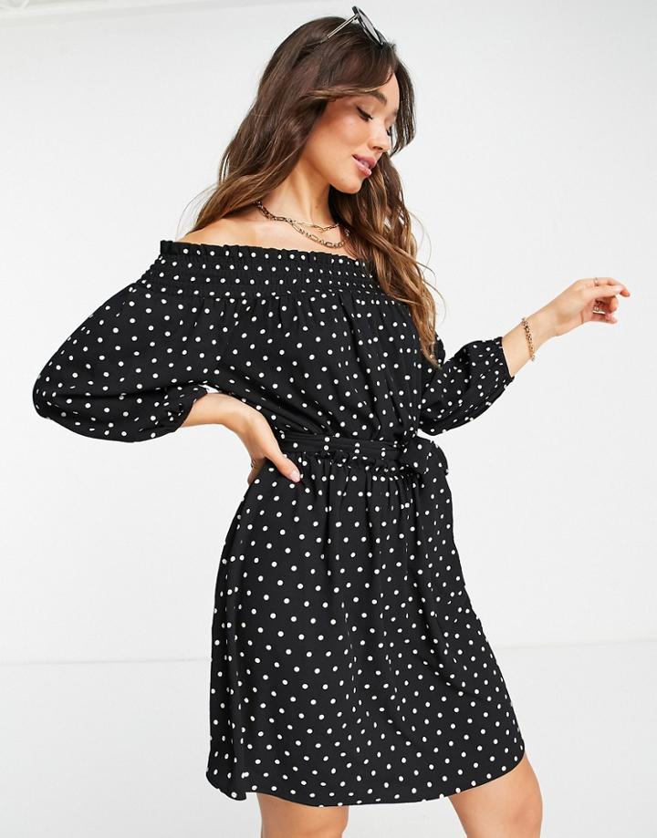 Asos Design Bardot Mini Dress With Belt In Mono Dot Print-multi
