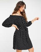 Asos Design Bardot Mini Dress With Belt In Mono Dot Print-multi