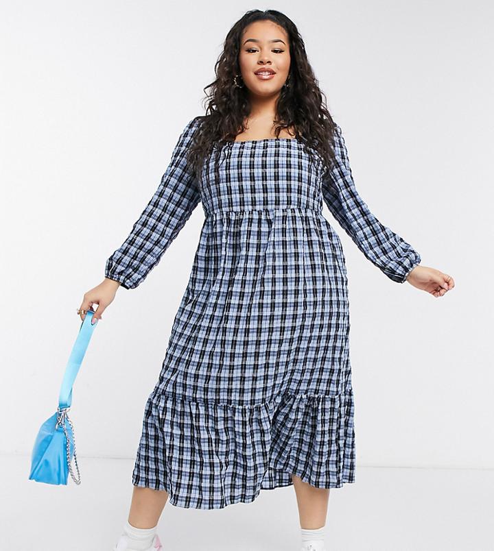 New Look Curve Shirred Midi Smock Dress In Blue Plaid-purple