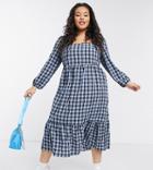 New Look Curve Shirred Midi Smock Dress In Blue Plaid-purple