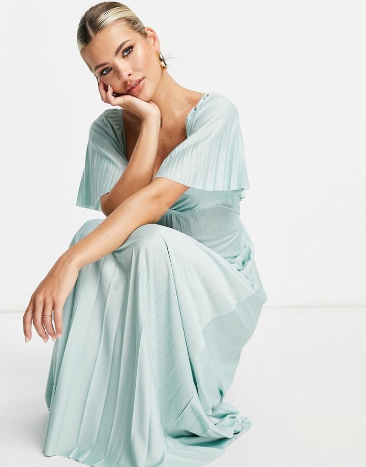 Asos Design Pleated Twist Back Cap Sleeve Maxi Dress In Light Blue-blues