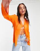 Weekday Polyester Tie Front Blouse In Bright Orange - Orange