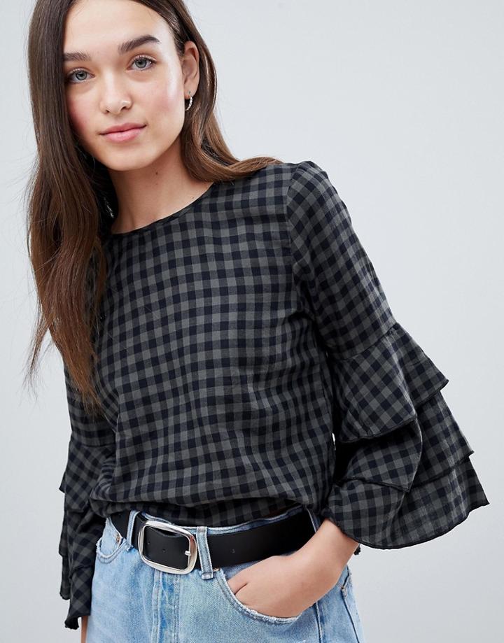 Jdy Ally Check Top With Frill Layer Sleeve - Green