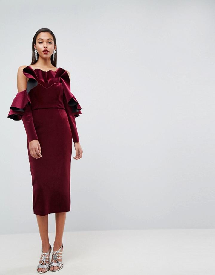Asos Red Carpet Bonded Velvet Ruffle Long Sleeve Midi Dress - Red