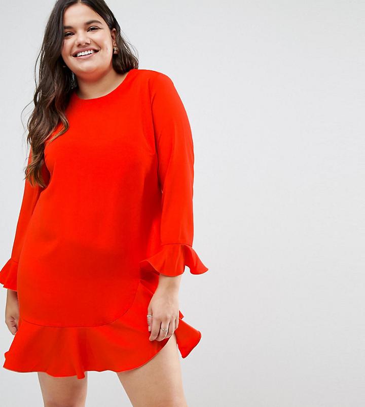 Asos Curve Fluted Sleeve Ruffle Hem Mini Dress - Orange