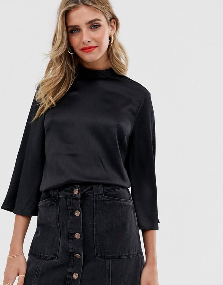 Pieces 3/4 Sleeve Satin Top-black