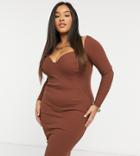 Asos Design Curve Off Shoulder Rib Panelled Long Sleeve Midi Dress In Caramel-brown