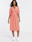 Monki Yoana Recycled Polyester Floral Print Puff Short Sleeve Tie Wrap Dress In Red