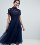 Chi Chi London Tall High Neck Lace Midi Dress With Tulle Skirt In Navy - Navy