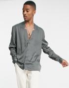 Asos Design Regular Shirt With Notch Neck In Satin-grey