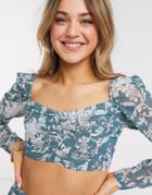 In The Style X Billie Faiers Ruched Detail Crop Top With Sweetheart Neck Two-piece In Blue Baroque Print-multi