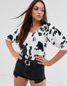 Asos Design 3/4 Sleeve Satin Top With Scoop Neck And Shoulder Detail In Cow Print-multi