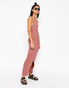 Asos Maxi Dress With 90s High Neck In Rib - Dusty Pink