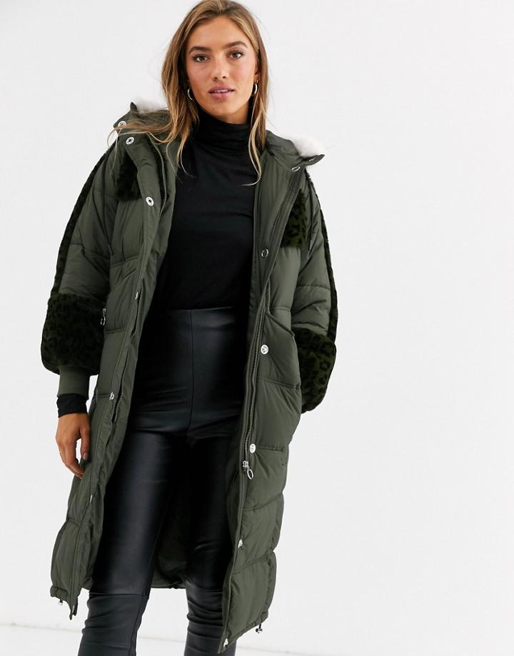 Urbancode Longline Padded Parka With Leopard Faux Fur Panels-green
