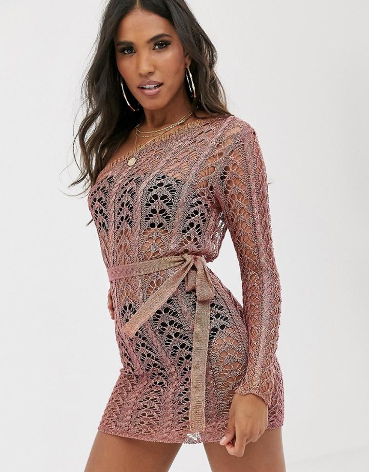 Sorelle Uk One Shoulder Knitted Shimmer Mini Dress In Rose Gold