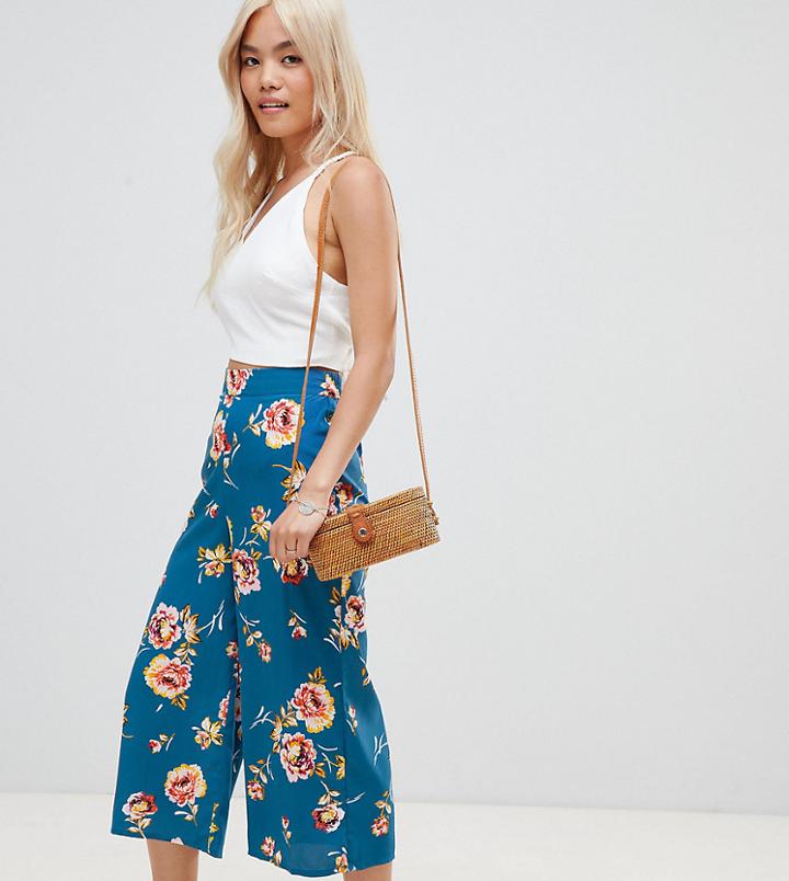 New Look Petite Floral Printed Pants In Blue