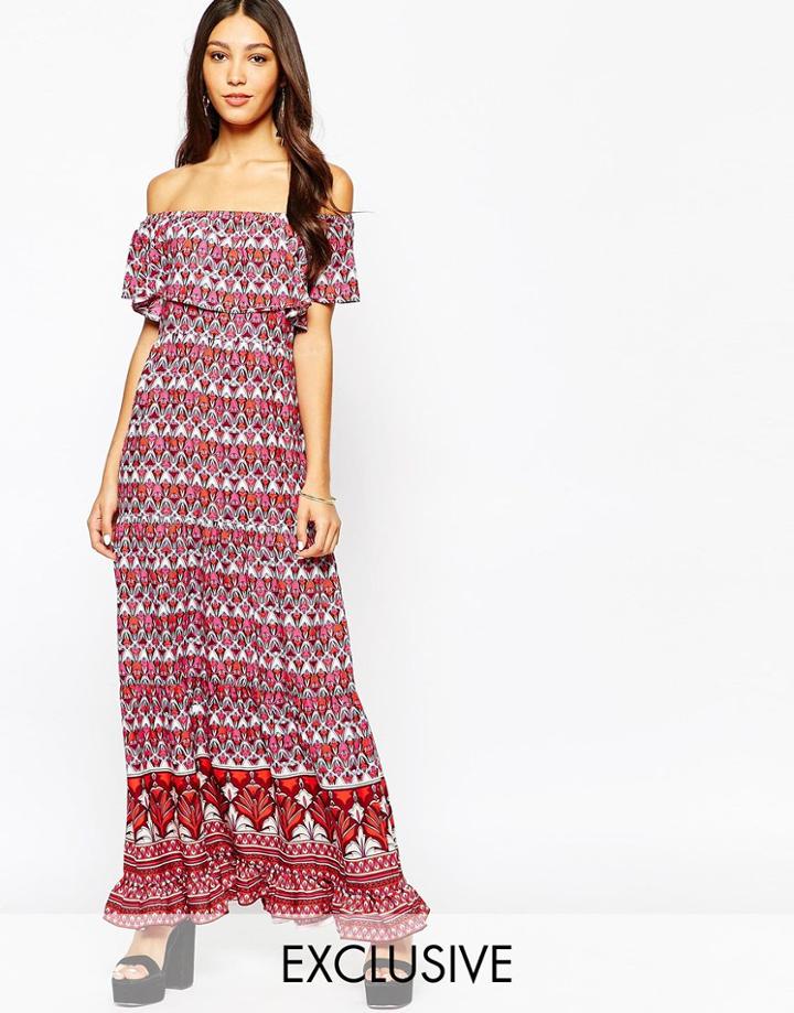 Fallen Star Off Shoulder Maxi Dress In Retro Border Print - 70s Retro Border