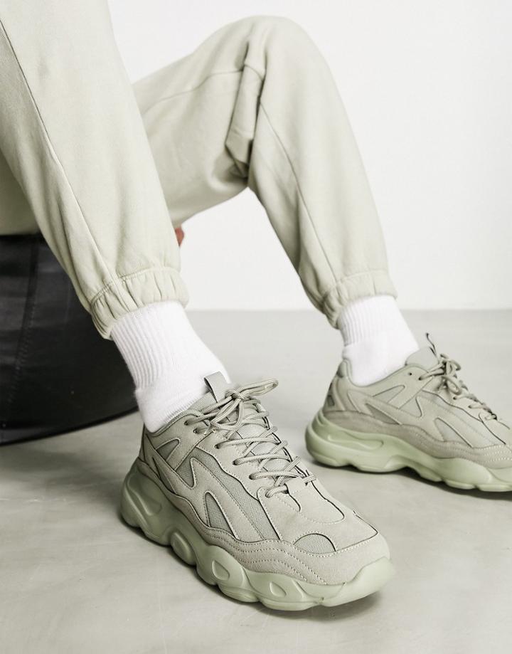 Asos Design Sneakers In Khaki Faux Suede With Chunky Sole-green