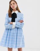 Sister Jane Mini Smock Dress With Pussybow In Large Scale Check - Blue