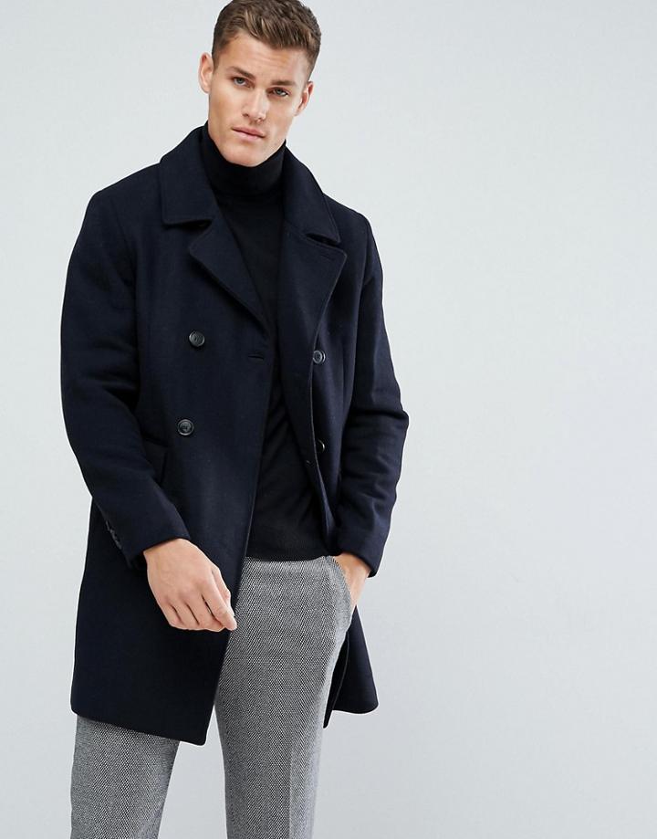 Stradivarius Breasted Wool Overcoat In Navy - Navy