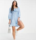 New Look Tall Square Neck Ruched Mini Dress In Blue Pattern-blues