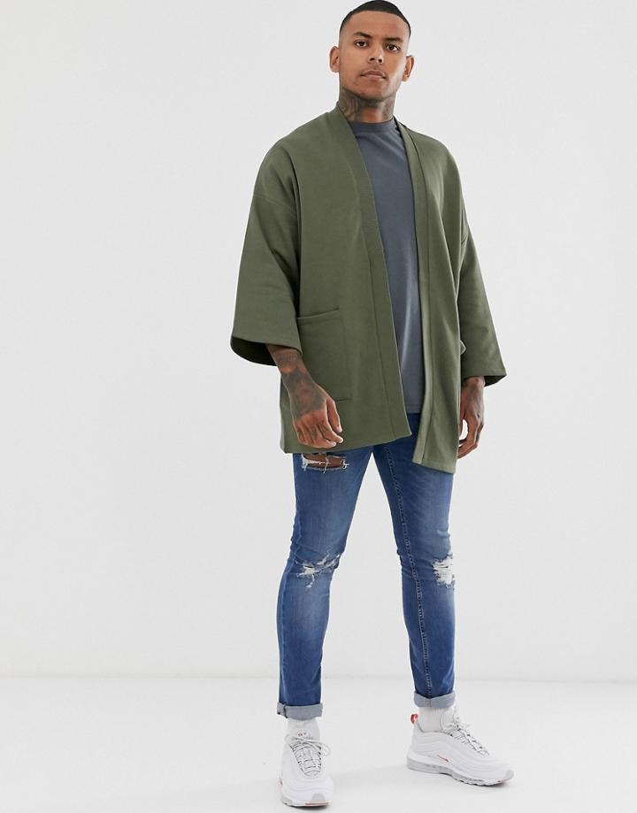 Asos Design Jersey Kimono Cardigan In Khaki