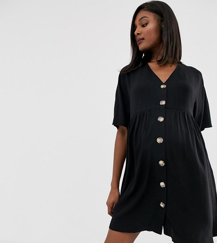 Asos Design Maternity V Neck Button Through Mini Smock Dress - Black