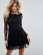 Asos Lace Long Sleeve Skater Mini Dress - Black