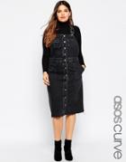 Asos Curve Midi Denim Pinafore Dress With Raw Hem In Washed Black - Washed Black