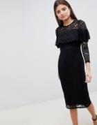 Asos Midi Lace Pencil Dress With Long Sleeves And Frill Detail-black