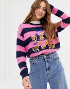 Brave Soul Bouquet Stripe Sweater With Embroidery - Pink