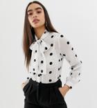 Unique21 Mesh Pussybow Blouse With Polka Dot - Beige
