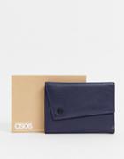 Asos Design Leather Asymestric Wallet In Navy