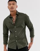 Asos Design Skinny Fit Poplin Shirt In Khaki - Green