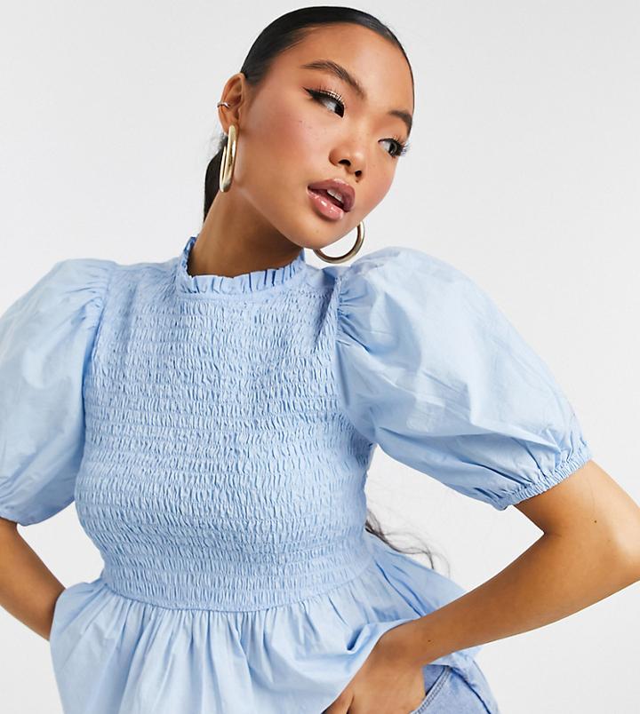 New Look Petite Shirred Front Blouse In Blue-blues