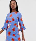 Fashion Union Tall Midi Tea Dress In Floral - Blue