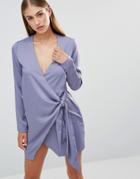 Missguided Silky Wrap Front Dress - Blue