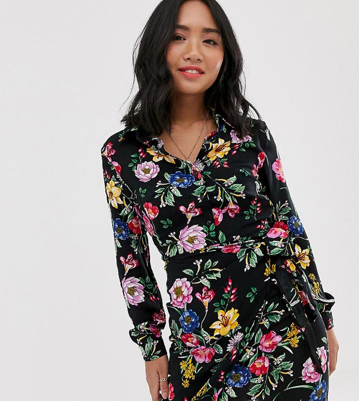 Parisian Petite Frill Wrap Dress In Bright Floral Print - Black