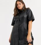 Asos Design Curve Leather Look Mini Button Through Shirt Dress-black