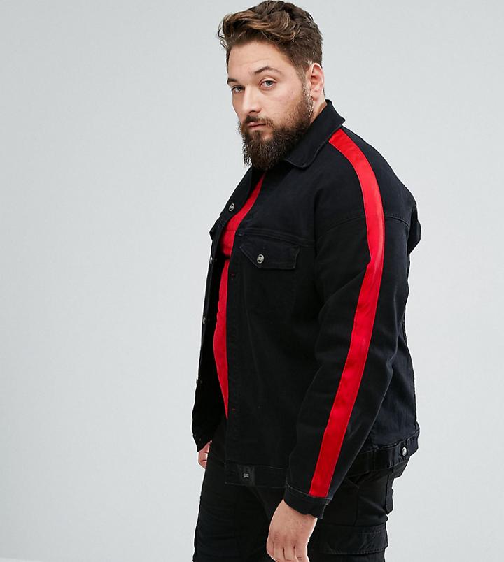 Sixth June Plus Oversized Denim Jacket In Black With Red Stripe - Black